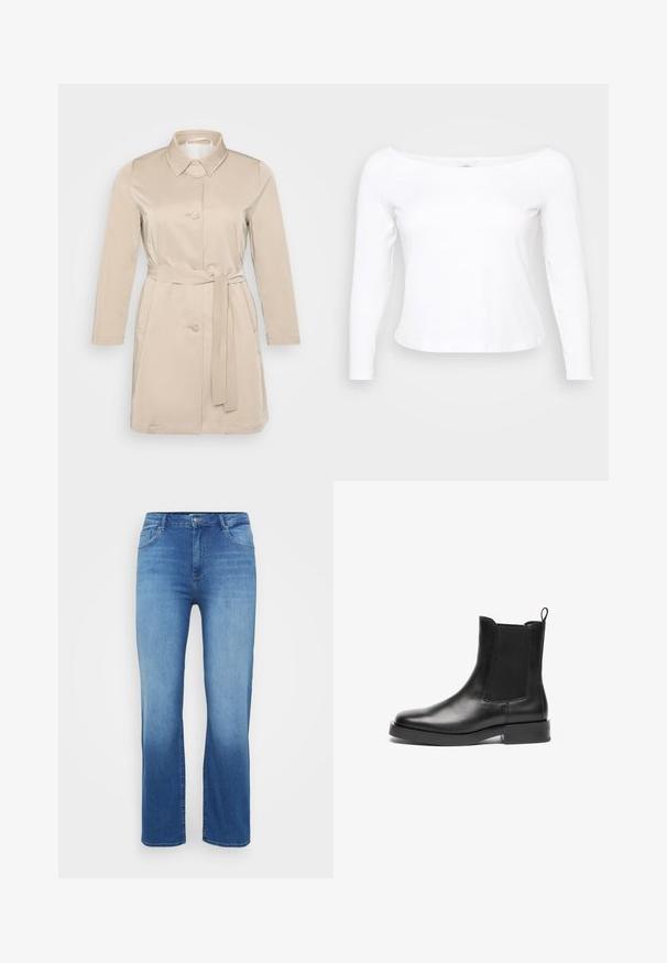Beige trenchcoat med krave, lange ærmer, frontknapper og bindebælte i taljen. Lavet af blød, letvægtsstof.; Hvid langærmet skjorte med bred halsudskæring, lavet af blødt og glat materiale. Har et tætsiddende design og en cropped kant.; Lysblå denimjeans med lige snit, fem-lomme design og en slidt effekt ved kanten. Knaplukning i taljen.; Sorte læder Chelsea-støvler med elastiske sidepaneler, rund tå, trækstrop og kraftig sort gummisål. Glat tekstur og klassisk design.
