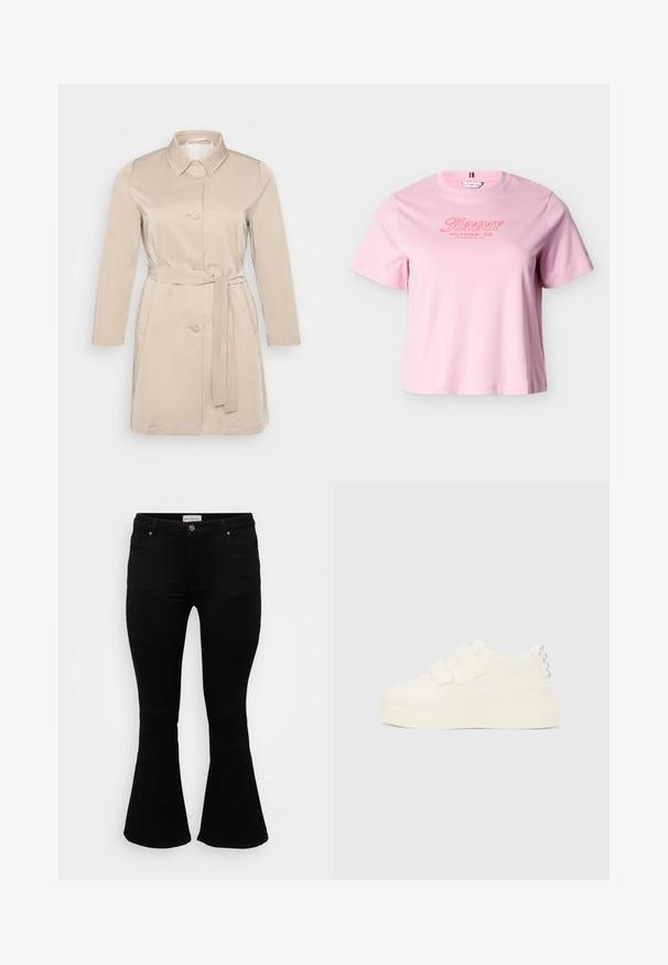 Beige Trenchcoat mit Kragen, langen Ärmeln, Knöpfen vorne und Taillengürtel. Hergestellt aus glattem, leichtem Material.; Hellrosa T-Shirt mit kurzen Ärmeln und rotem "Tommy Hilfiger, Co. Los Angeles, CA, USA" Text auf der Brust.; Schwarze Schlagjeans aus weichem Denim, mit einer taillierten Passform, Vordertaschen und einem ausgestellten Saum für einen lockeren Sitz.; Weißer Plateausneaker mit doppelten Klettverschlüssen und silbernen Nieten an der Ferse, von der Seite vor einem einfarbigen Hintergrund gezeigt.