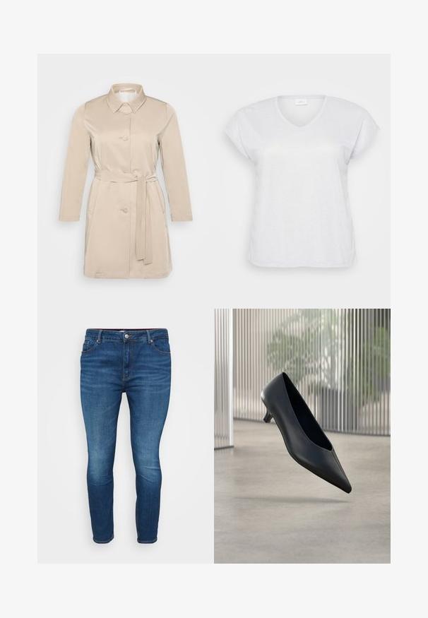 Beige trenchcoat med krave, lange ærmer, frontknapper og bindebælte i taljen. Lavet af blød, letvægtsstof.; Hvid kortærmet V-hals t-shirt med en subtil skimmereffekt, der har en afslappet pasform og ingen synlige mønstre eller accenter.; Slank-fittede denim jeans i mørkeblå med en glat tekstur, fem-lomme design, sølvfarvede knapdetaljer og diskrete falmende detaljer langs lårene.; Sort spids tå kitten heel sko, der svæver over en glat betongulv med lodrette gennemsigtige paneler i baggrunden.