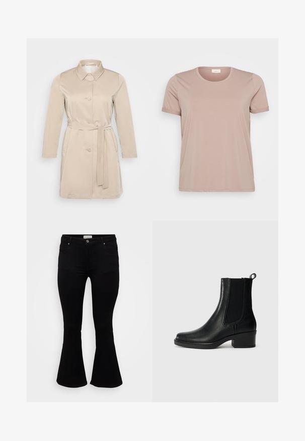 Beige trenchcoat met een kraag, lange mouwen, knopen aan de voorkant en een ceintuur in de taille. Gemaakt van gladde, lichte stof.; Lichtroze T-shirt met korte mouwen, een ronde halslijn en opgerolde mouwen, gemaakt van een gladde, zachte stof. Geen zichtbare patronen of accenten.; Zwarte flare jeans van zachte denim, met een aansluitende taille, voorzakken en een flared zoom voor een ontspannen pasvorm.; Zwarte leren enkellaars met elastische zijkanten, ronde neus en een blokhak. Gladde textuur en gestikt detail.