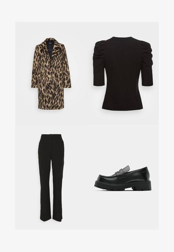 Leopardimustriga mantel, mis on valmistatud pehme karvataolise materjali, omab sälk-krae, eest nupuga sulgu ja kahte küljetaskut.; Vero Moda Tall VMEGAMAXI - Lihtne T-särk - black; Vero Moda Tall VMZELDA STRAIGHT PANT - Kargopüksid - black; Mustad nahast loafers, millel on tükiline tekstureeritud tald, vampi kohal rihm ja sile, läikiv viimistlus.