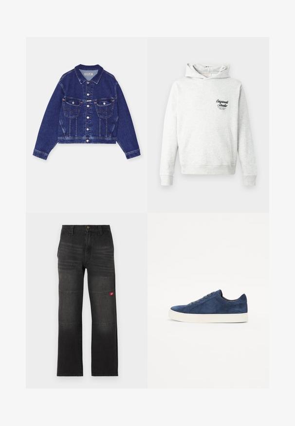 Jeansjacke, dunkelblau, taillierte Form, Knopfverschluss vorne, zwei Brusttaschen mit Klappen, kontrastierende Nähte, lange Ärmel mit Knopfmanschetten.; Hellgrauer Hoodie mit Kängurutasche, gerippten Bündchen und Saum. Auf der linken Brust befindet sich ein schwarzes "Originals Studio"-Logo.; Schwarze Denim-Arbeitshose mit doppelten Kniepaneelen und einem kleinen roten Logopatch am rechten Bein, gerader Schnitt und Bund mit Knopfverschluss.; Marineblaue Wildlederschuhe mit runder Zehenpartie, fünf Ösen, weißer Gummisohle und minimalistischem Design. Glatte Oberfläche, ohne erkennbare Muster.