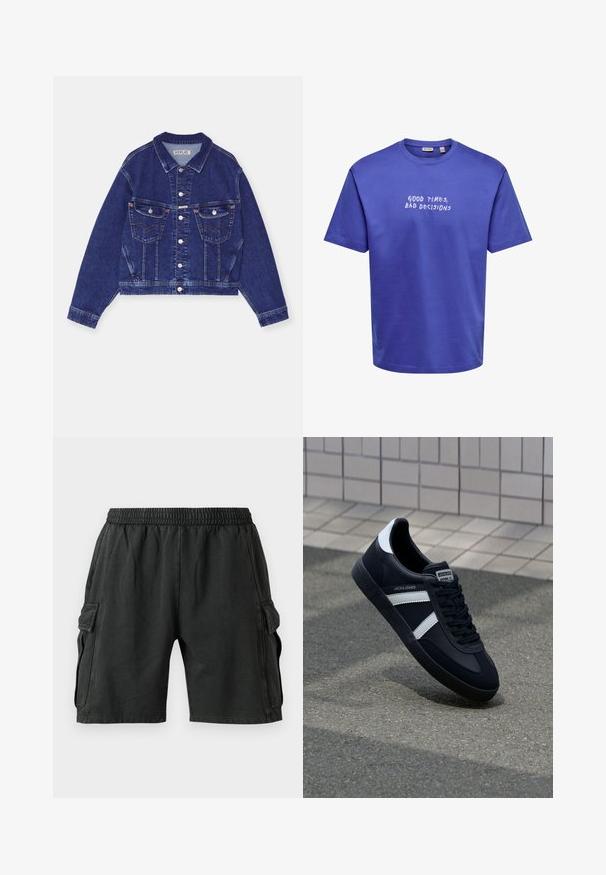 Jeansjacke, dunkelblau, taillierte Form, Knopfverschluss vorne, zwei Brusttaschen mit Klappen, kontrastierende Nähte, lange Ärmel mit Knopfmanschetten.; Blaues T-Shirt mit kurzen Ärmeln und weißem Text auf der Brust mit der Aufschrift "GOOD TIMES, BAD DECISIONS" in handschriftlicher Schriftart.; Schwarze Cargo-Shorts mit einem elastischen Bund, zwei Seitentaschen und zwei Cargo-Taschen an den Seiten. Hergestellt aus einem weichen, leichten Material.; Schwarze Leder-Sneaker mit weißen Streifen, strukturiertem Gummisohle und Schnürung. Verfügt über ein Markenetikett auf der Zunge.