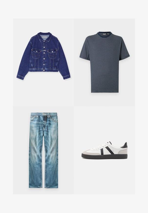 Jeansjacke, dunkelblau, taillierte Form, Knopfverschluss vorne, zwei Brusttaschen mit Klappen, kontrastierende Nähte, lange Ärmel mit Knopfmanschetten.; Marineblaues kurzärmeliges T-Shirt mit dünnen weißen horizontalen Streifen und rundem Ausschnitt vor einfarbigem Hintergrund.; Hellblaue, ausgewaschene Jeans aus Denim mit geradem Bein, Vorderhosentaschen, Gürtelschlaufen und einem Knopfverschluss.; Weiße Sneaker mit schwarz- und grau-aczenten, ausgestattet mit einer strukturierten grauen Zehenkappe, schwarzer Gummi-Sohle und flachen weißen Schnürsenkeln. Sauberes Design, minimalistische Stil.