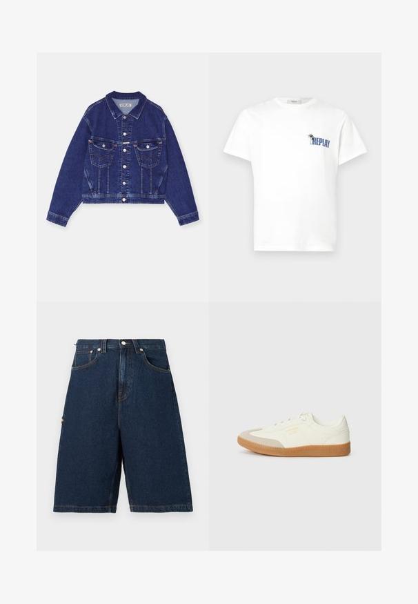 Jeansjacke, dunkelblau, taillierte Form, Knopfverschluss vorne, zwei Brusttaschen mit Klappen, kontrastierende Nähte, lange Ärmel mit Knopfmanschetten.; Weißes kurzärmliges T-Shirt mit Rundhalsausschnitt, das ein kleines blaues "REPLAY"-Logo und ein Palmenmotiv auf der linken Brust zeigt.; Dunkelblaue Denim-Shorts mit lockerer Passform, ausgestattet mit zwei vorderen Taschen und einer einzelnen Gesäßtasche, abgerundet mit orangefarbenen Nähakzenten.; Sneaker aus weißem Leder mit einer beigen Zehenkappe und leichter brauner Gummisohle. Verfügt über flache weiße Schnürsenkel und geprägtes Branding an der Seite.