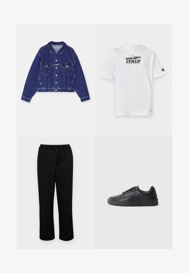 Jeansjacke, dunkelblau, taillierte Form, Knopfverschluss vorne, zwei Brusttaschen mit Klappen, kontrastierende Nähte, lange Ärmel mit Knopfmanschetten.; Iceberg T-Shirt print - bianco ottico; Schwarze, mittellange Hosen mit elastischem Bund. Aus glattem Stoff gefertigt, mit lockerem Schnitt und ohne sichtbare Taschen oder Verzierungen.; Schwarze Leder-Sneaker mit glatter Oberfläche, abgerundeter Zehenpartie, strukturiertem Seitenpaneel und schwarzen Schnürsenkeln. Verfügt über eine flache Gummisohle und ein minimalistisches Design.