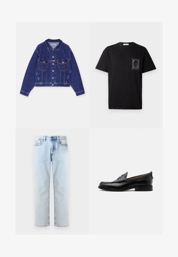 Chaqueta de mezclilla, azul oscuro, diseño corto, con botones en la parte frontal, dos bolsillos en el pecho con solapas, costuras en contraste, mangas largas con puños abotonados.; Camiseta de algodón negra con mangas cortas, con un estampado gráfico en el lado izquierdo del pecho y un pequeño detalle rojo cerca del cuello.; Jeans de mezclilla azul claro con un diseño de pierna recta, estilo de cinco bolsillos y un ligero desgaste. Cuenta con un cierre de botón y un lazo para cinturón.; Mocasín de hombre de piel negra con costura moc toe, tira penny, cuello texturizado y tacón bajo apilado sobre fondo blanco.