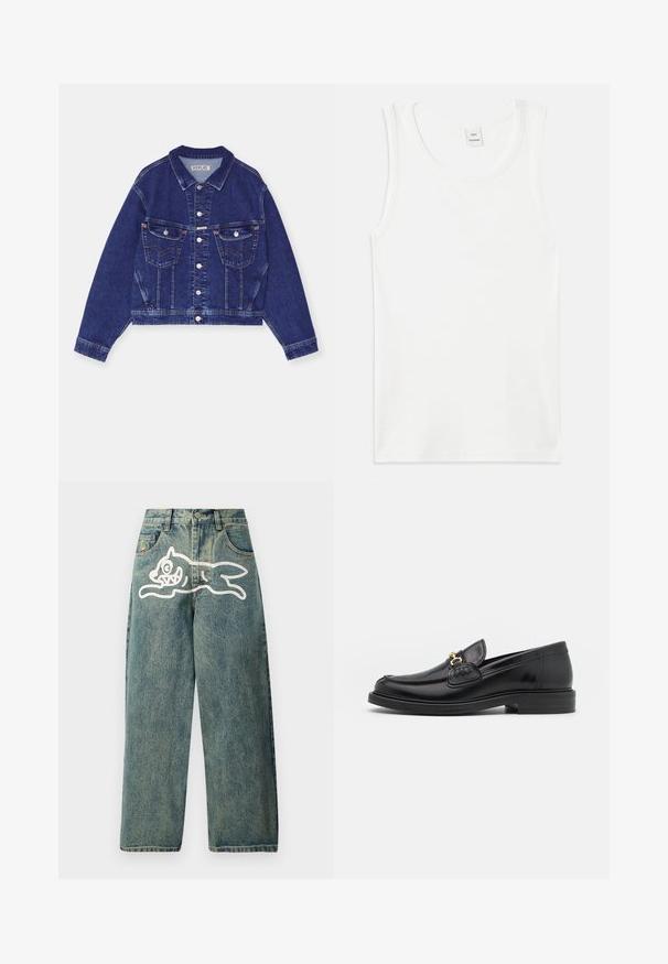 Jeansjacke, dunkelblau, taillierte Form, Knopfverschluss vorne, zwei Brusttaschen mit Klappen, kontrastierende Nähte, lange Ärmel mit Knopfmanschetten.; Weißes Baumwoll-Tanktop mit Rundhalsausschnitt und ärmellosem Design. Glatte Textur und gerader Schnitt, ohne Muster oder Verzierungen.; Hellblaue Jeans im lässigen Schnitt mit einer großen weißen Katzengrafik auf dem linken Bein und klassischem Fünf-Taschen-Design.; Schwarze Lederleter mit einer abgerundeten Zehenpartie, ausgestattet mit goldenen Hardwareakzenten und Stichdetails, auf einer niedrigen, strukturierten Gummisohle.