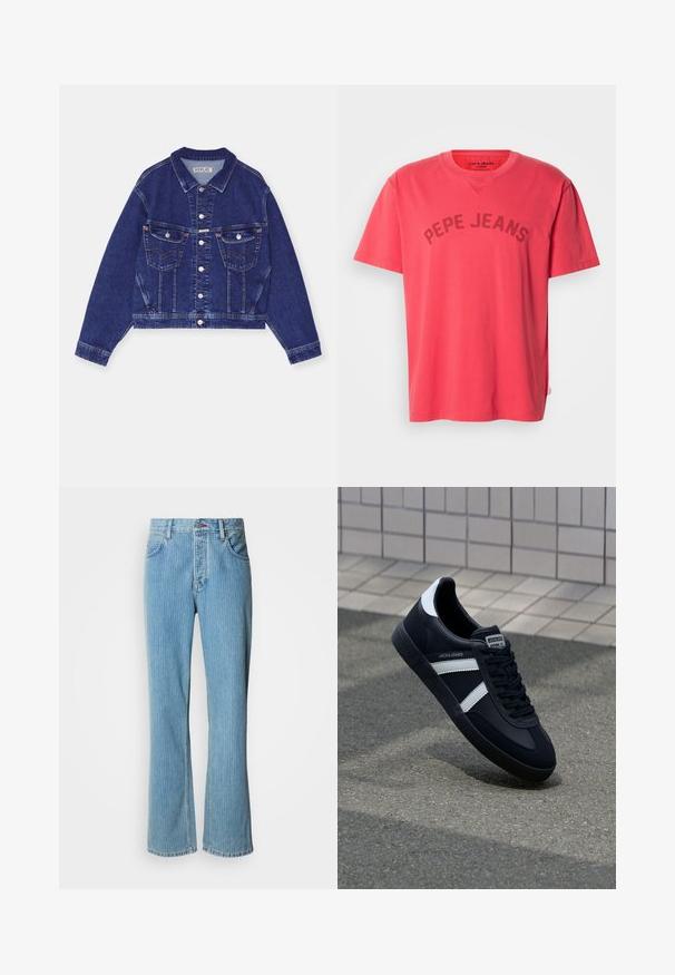 Denim jas, donkerblauw, cropped design, knoopsluiting, twee borstzakken met kleppen, contrasterende stiksels, lange mouwen met knoopmanchetten.; Koraalroze katoenen T-shirt met korte mouwen en een ronde hals. Voorzien van "PEPE JEANS" in donkere letters afgedrukt over de borst.; Lichtblauwe denim flared jeans met een hoge taille, verticale strepen en een ontwerp met vijf zakken, voorzien van een knoopsluiting aan de voorkant.; Zwarte leren sneaker met witte strepen, een gestructureerde rubberen zool en vetersluiting aan de voorkant. Voorzien van een merklabel op de tong.