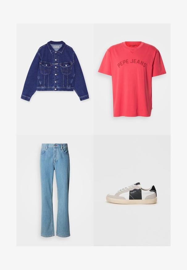 Jeansjacke, dunkelblau, taillierte Form, Knopfverschluss vorne, zwei Brusttaschen mit Klappen, kontrastierende Nähte, lange Ärmel mit Knopfmanschetten.; Korallenfarbenes Baumwoll-T-Shirt mit kurzen Ärmeln und Rundhalsausschnitt. Mit dem Schriftzug "PEPE JEANS" in dunklen Buchstaben auf der Brust.; Hellblaue, ausgestellte Jeans aus Denim mit hoher Taille, vertikalen Streifen und Fünf-Taschen-Design sowie einer vorderen Knopfverschluss.; Weiße und graue Low-Top-Sneaker aus Wildleder und Leder. Mit einem schwarzen Akzent, weißen Nähten und einer Gummisohle.
