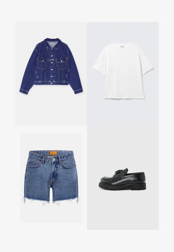 Jeansjacke, dunkelblau, taillierte Form, Knopfverschluss vorne, zwei Brusttaschen mit Klappen, kontrastierende Nähte, lange Ärmel mit Knopfmanschetten.; Weißes oversized T-Shirt mit kurzen Ärmeln und Rundhalsausschnitt mit eingesetzten Schultern, flach auf hellgrauem Hintergrund.; Blaue Denim-Shorts mit ausgefransten Säumen, vorderem Knopf- und Reißverschluss, zwei Vordertaschen und Gürtelschlaufen.; Schwarzer Leder-Slipper mit Quasten, dicke Gummisohle und niedrigem Absatz, im Seitenprofil vor einem einfarbigen Hintergrund gezeigt.