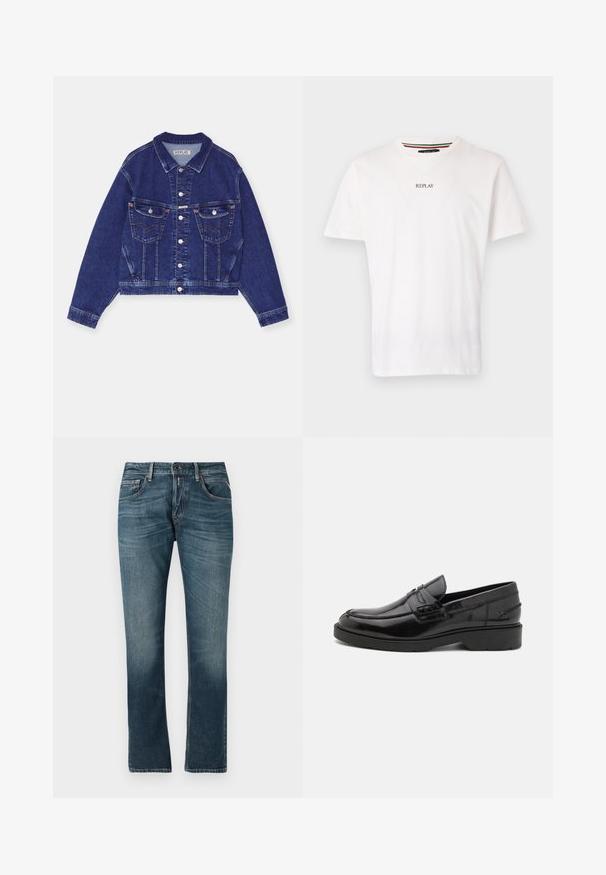 Jeansjacke, dunkelblau, taillierte Form, Knopfverschluss vorne, zwei Brusttaschen mit Klappen, kontrastierende Nähte, lange Ärmel mit Knopfmanschetten.; Weißes Baumwoll-T-Shirt mit V-Ausschnitt, kurzen Ärmeln und einem kleinen "REPLAY"-Aufdruck auf der Brust. Glatte Textur, lässige Passform.; Blaue Jeans aus Denim mit geradem Bein, faded Waschung, Fünf-Taschen-Design und kontrastierender Nähten. Knopf- und Reißverschluss.; Schwarze Lederloafers mit glatter Oberfläche, abgerundetem Zehenbereich, niedrigem Absatz und dekorativer Naht entlang der Vorderseite. Gummisohle für guten Halt.