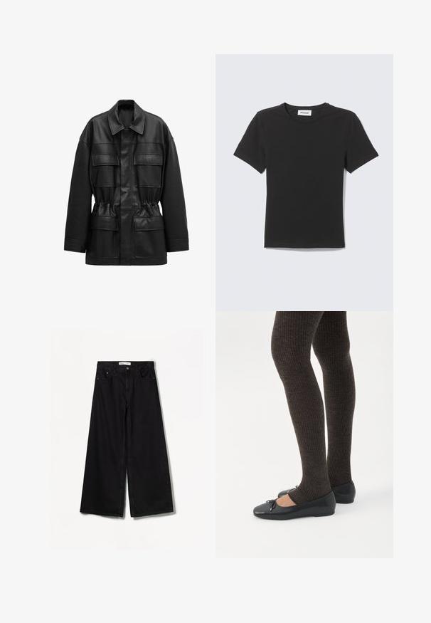 Veste noire en cuir synthétique avec manches longues, quatre poches à rabat sur le devant, taille cintrée et col classique.; T-shirt noir à manches courtes col rond posé à plat avec une petite étiquette blanche à l'intérieur du col sur un fond clair.; Jean large noir en denim. Doté d'une taille haute, de poches avant et arrière, et d'un matériel argenté sur le bouton et la fermeture éclair.; Jambes portant des leggings côtelés foncés associés à des ballerines noires avec de petits détails en nœud sur fond blanc.