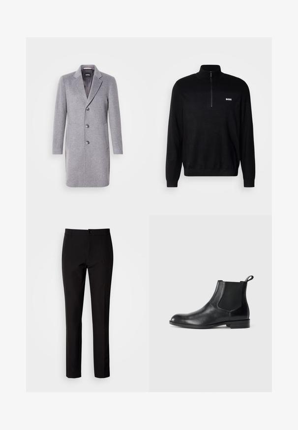 Grå uldfrakke med krave, tre knaplukninger, sidelommer og en glat indvendig foring. Klassisk skræddersyet form.; Sort pullover sweater med halv-zip krave, der har ribbet tekstur på skuldrene og et lille hvidt "BOSS" logo på brystet.; Sorte bukser lavet af glat stof, med lige ben, lukkes med knapper foran og har diskrete sidelommer. Enkelt og skræddersyet udseende.; Sorte læder ankelstøvler med elastiske sidepaneler, rund tå og en trækloft. Glat tekstur, flad sål, minimalistisk design.