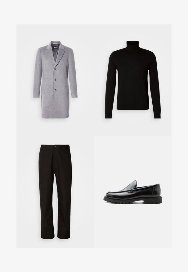 Grå uldfrakke med krave, tre knaplukninger, sidelommer og en glat indvendig foring. Klassisk skræddersyet form.; Sort turtleneck sweater lavet af et fint strikket stof, der har lange ærmer og en tætsiddende silhuet. Glat tekstur med ribbede manchetter.; Sorte bomuldsbukser med lige pasform, bæltestropper, lynlås foran og en enkelt knappelukning. Glat tekstur uden synlige mønstre.; Sort læderloafer med chunky gummisål, syet overdel og præget mærkenavn på hælen, vist i sideprofil på hvid baggrund.