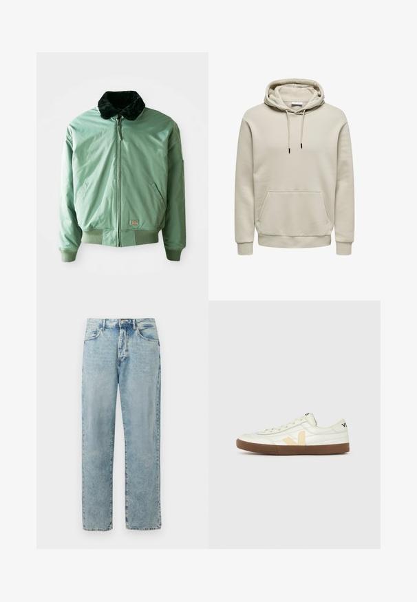 Groene bomberjack met een zwart nepmoffelkragen, ritssluiting, geribde manchetten en tailleband, en zijzakken. Glad, glanzend materiaal.; Beige pullover hoodie met trekkoordjes, kangoeroezak, geribde boorden en zoom, getoond op een witte achtergrond.; Lichtblauwe recht gesneden denim jeans met een knop- en ritssluiting, zijzakken en subtiele vervaagde details.; Witte lage sneaker met beige "V"-logo, bruine rubberen zool, veters en zwarte tekst op hiel en tong tegen een effen achtergrond.