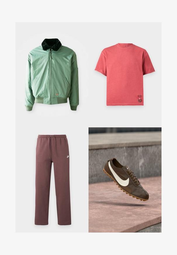 Grüne Bomberjacke mit einem schwarzen Kunstfellkragen, Reißverschluss, gerippten Bündchen und Saum sowie seitlichen Taschen. Glattes, glänzendes Material.; Kurzärmeliges, ausgeblichenes rotes T-Shirt mit Rundhalsausschnitt, kleinem Markenpatch und Metallringsdetail nahe dem unteren Saum.; Braune Nike-Sweatpants mit elastischem Bund und Kordelzug, mit kleinem weißem Nike-Logo am linken Oberschenkel.; Brauner Nike Laufschuh mit weißem Swoosh-Logo und Gummisohle, der über einer rosa Steinoberfläche mit grauem Stein-Hintergrund schwebt.