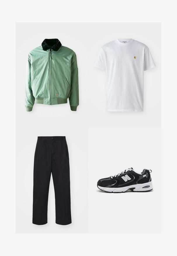 Grüne Bomberjacke mit einem schwarzen Kunstfellkragen, Reißverschluss, gerippten Bündchen und Saum sowie seitlichen Taschen. Glattes, glänzendes Material.; Weißes Baumwoll-T-Shirt mit kurzen Ärmeln, Rundhalsausschnitt, mit einem kleinen goldenen Logo im linken Brustbereich. Weicher Stoff und normale Passform.; Schwarze Baumwollhose mit geradem Schnitt, ausgestattet mit einem Knopfverschluss, zwei vorderen Taschen und einer glatten Textur.; Schwarze und graue Sportschuhe mit Obermaterial aus Mesh und Wildleder, ausgestattet mit einer weißen Zwischensohle, Schnürsenkeln und einem markanten "N"-Logo an der Seite.