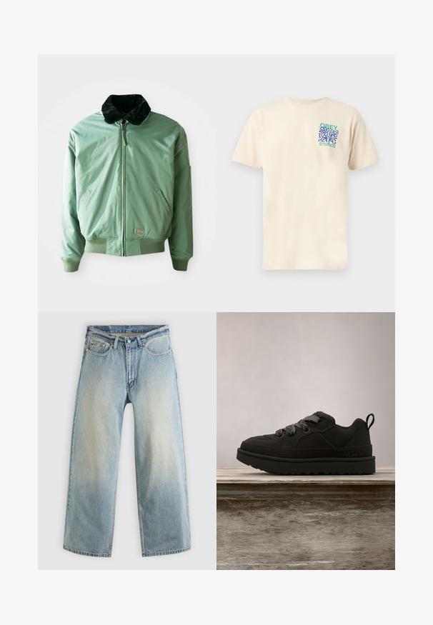 Grüne Bomberjacke mit einem schwarzen Kunstfellkragen, Reißverschluss, gerippten Bündchen und Saum sowie seitlichen Taschen. Glattes, glänzendes Material.; Off-white Kurzarm-T-Shirt mit blau-grünem Blumenmotiv und dem Schriftzug „OBEY STUDIOS“ auf der oberen linken Brust.; Hellblaue, weit geschnittene Jeans aus Denim mit verblasstem Finish. Verfügen über ein standardmäßiges Design mit fünf Taschen und Metallknopfverschluss.; Schwarze Sneaker mit strukturiertem Mesh-Obermaterial und glatten Akzenten. Mit grauen Schnürsenkeln und Gummisohle mit Traktionsmuster. Schwebt über einer Holzoberfläche.