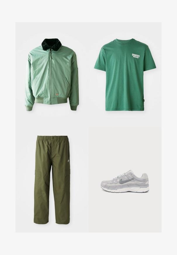 Grüne Bomberjacke mit einem schwarzen Kunstfellkragen, Reißverschluss, gerippten Bündchen und Saum sowie seitlichen Taschen. Glattes, glänzendes Material.; Grünes Baumwoll-T-Shirt mit rundem Halsausschnitt, kurzen Ärmeln und einem weißen Logo auf der linken Brust. Glatte Textur und entspannte Passform.; Nike Cargo-Hosen in dunkelolivgrün, ausgestattet mit einem elastischen Bündchen, zwei Seitentaschen und einem glatten, leichten Stoff.; Hellgrauer Nike P-6000 Sneaker mit Wildleder- und Mesh-Obermaterial, dunkelgrauem Swoosh, weißer Sohle und Schnürdesign, von der Seite auf weißem Hintergrund gezeigt.