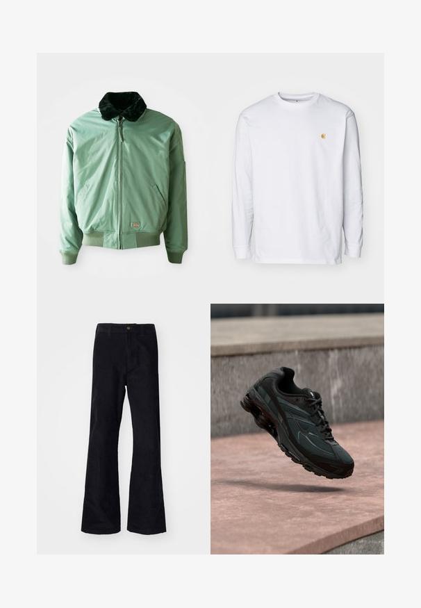 Zelená bomber bunda s čiernym umelým kožušinovým golierom, so zipsovým zapínaním, elastickými manžetami a pásom, a bočnými vreckami. Hladký, lesklý materiál.; Biely tričko s dlhým rukávom z bavlny. Na hrudi má malé zlaté logo a okrúhly výstrih. Jednoduchý dizajn a štandardný strih.; Čierne bavlnené rozšírené nohavice s tradičným pásom, jedným predným gombíkom a vreckami po stranách a vzadu. Hladká textúra.; Čierna atletická teniska s viditeľnou medzipodrážkou s air cushioning, ktorá visí nad ružovým kamenným povrchom s pozadím sivej kamennej steny.