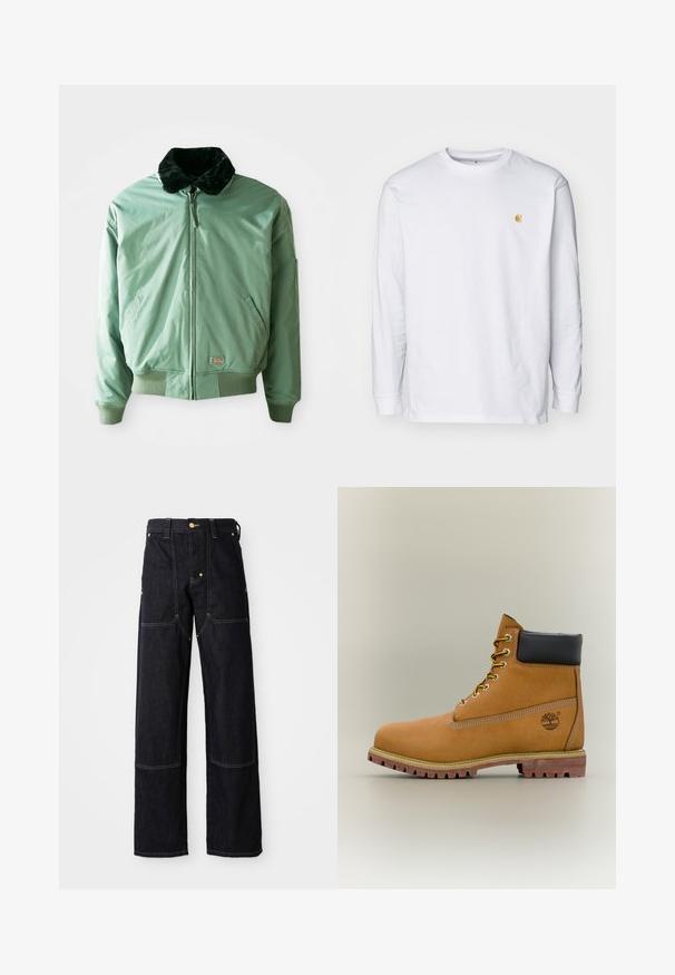 Grüne Bomberjacke mit einem schwarzen Kunstfellkragen, Reißverschluss, gerippten Bündchen und Saum sowie seitlichen Taschen. Glattes, glänzendes Material.; Weißes Langarm-T-Shirt aus Baumwolle. Mit kleinem goldenem Logo auf der Brust und Rundhalsausschnitt. Einfaches Design und normale Passform.; Dunkelblaue Denim-Hosen mit geradem Schnitt, ausgestattet mit gelben Nähten und Vordertaschen. Der Stoff wirkt robust und strukturiert.; Brauner Leder-Stiefelette mit schwarzem Kragen, gelben Schnürsenkeln und hellbrauner Sohle. Verfügt über ein Logo und weiße Ziernähe. Robuste Profilsohle.