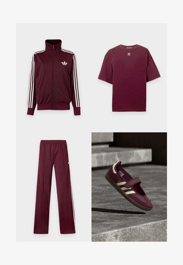Bordeauxkleurige trainingsjas met ritssluiting en hoge kraag, witte drie strepen op de mouwen en wit Adidas trefoil-logo op de borst.; Bordeauxrode katoenen T-shirt met een ronde hals en korte mouwen, met een wit Adidas-logo in het midden van de borst. Soepele textuur.; Wijnrode trainingsbroek met elastische tailleband, zijzakken met rits, witte zijstrepen en een klein wit Adidas-logo op de rechterdij.; Donkerrode sportschoen met een klittenbandsluiting, witte zijstrepen, een gestructureerde rubberen zool en een glad bovenmateriaal. Verstelbare pasvorm met een gevoerde binnenkant.