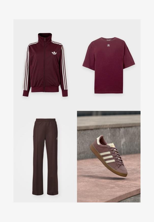 Burgundia tooniga lukuga spordijakk kõrge kraega, valgete kolme triibuga varrukatel ja valge Adidas Trefoil logoga rinnal.; Burgundia puuvillane T-särk ümmarguse kaelusega ja lühikeste varrukatega, millel on rinnal valge Adidas logo. Sile tekstuur.; Kohvilised spordipüksid elastse vöökohtaga, kahe külgmise taskuga ja väikese logoga vasakul küljel, valmistatud pehmest kangast.; Roosa nahast spordijalats beežide aktsentidega, millel on kolm valget triipu, ümar nina, pruun kummist tald ja paelad. Klassikaline disain õmblustega.