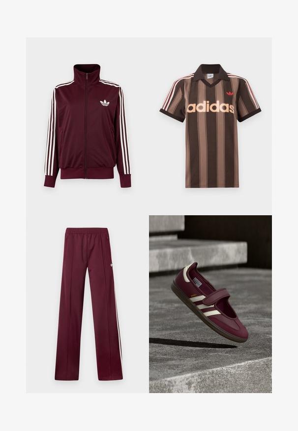 Burgundia tooniga lukuga spordijakk kõrge kraega, valgete kolme triibuga varrukatel ja valge Adidas Trefoil logoga rinnal.; Pruunide triipudega Adidas polotee, V-kaelusega, bordeau krae ja punase logoga. Omad valge ja punase triibuga õlad ning lühikesed varrukad.; Tumepunased spordipüksid elastse vöökohaga, külgedel lükandtaskud, valged küljestriibud ja väike valge Adidas logo paremal reiel.; Tumepunased spordijalatsid rihmaga, valgete küljeribadega, tekstureeritud kummist tald ja sile pealmine materjal. Reguleeritav sobivus pehme sisemusega.