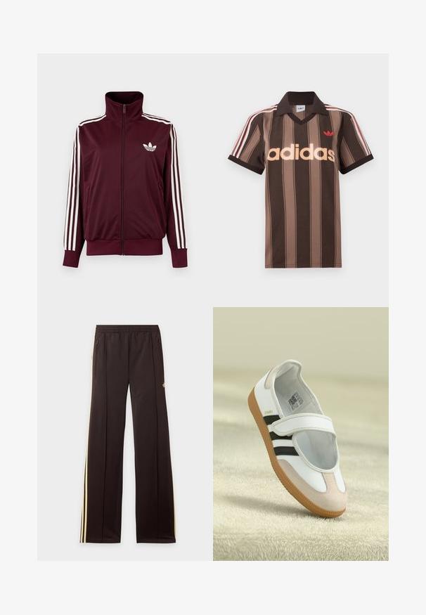 Bordeauxkleurige trainingsjas met ritssluiting en hoge kraag, witte drie strepen op de mouwen en wit Adidas trefoil-logo op de borst.; Bruine gestreepte Adidas polo met V-hals, bordeauxrode kraag en rood logo. Heeft witte en rode schouderstrepen, korte mouwen.; Zwarte trainingsbroek met gele zijstrepen, elastische tailleband, ritszakken aan de zijkant en een klein logo op het bovenbeen.; Witte schoen met een roze suède neus, zwarte strepen en een klittenbandsluiting. Heeft een tan rubberen zool en een logo aan de zijkant.