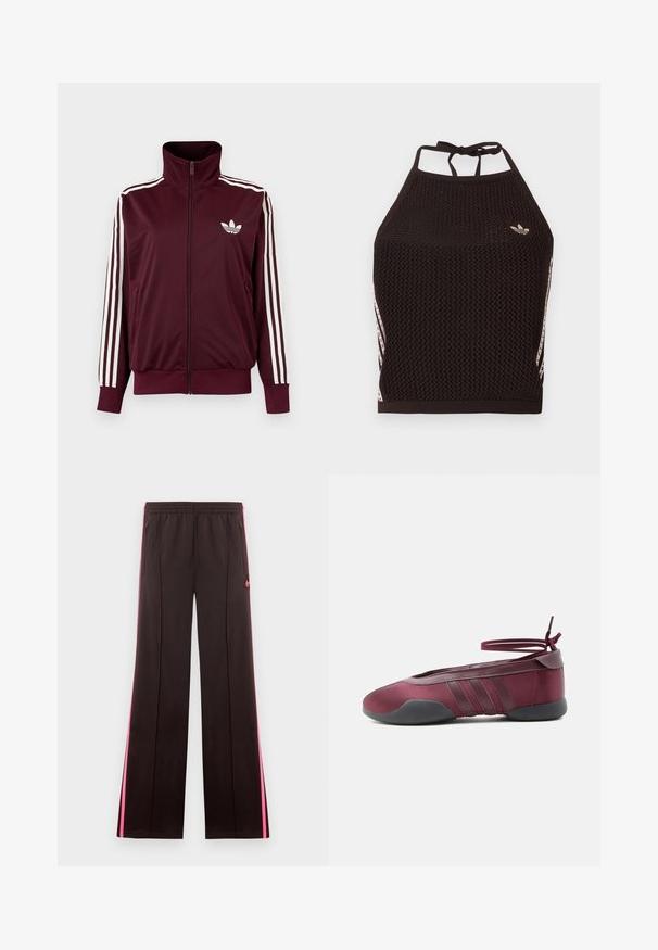 Bordeauxkleurige trainingsjas met ritssluiting en hoge kraag, witte drie strepen op de mouwen en wit Adidas trefoil-logo op de borst.; Zwarte mesh halter crop top met een textuurpatroon. Voorzien van roze accentstrepen en een klein logo aan de voorkant. Sluiting met strik aan de achterkant.; Zwarte sportbroek met roze zijstrepen, elastische tailleband, ritssluitingenaan zakken en Adidas-logo op linker bovenbeen.; Bordeauxrode ballerina met zwarte zool, elastische enkelbandjes die in een strik zijn gebonden, en gestikte details aan de zijkanten, gezien vanaf de buitenkant.