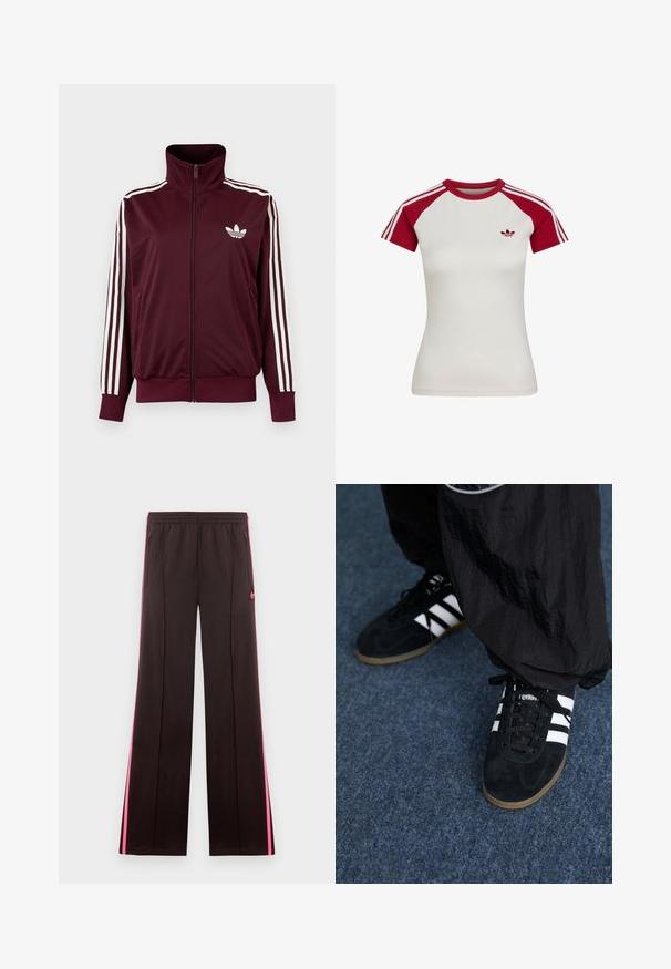 Bordeauxkleurige trainingsjas met ritssluiting en hoge kraag, witte drie strepen op de mouwen en wit Adidas trefoil-logo op de borst.; Wit aangesloten sportshirt met korte mouwen, rode raglanmouwen, rode kraag, drie witte strepen op de mouwen en klein logo op de linkerborst.; Zwarte sportbroek met roze zijstrepen, elastische tailleband, ritssluitingenaan zakken en Adidas-logo op linker bovenbeen.; Zwarte suède sportschoenen met drie witte strepen en zwarte veters. Een gestructureerde zwarte broek is deels zichtbaar naast de schoenen.