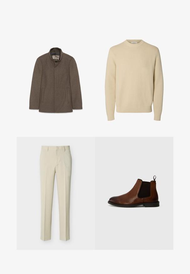Brun uldfrakke med høj krave, to sidelommer og en glat inderside. Simpelt design uden synlige knapper eller mønstre.; Enkel beige crewneck striktrøje med lange ærmer og ribstrikkede manchetter og kant.; Beige skræddersyede bukser med lige ben, bæltestropper og lynlås foran, vist på en enkel lys baggrund.; Brun læder Chelsea-støvle med elastiske sidepaneler, rund tå og en trækflap. Sort gummisål med en let hæl. Glat tekstur.