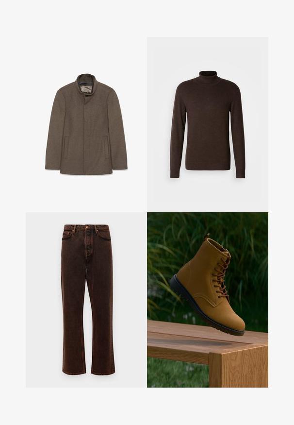Brun uldfrakke med høj krave, to sidelommer og en glat inderside. Simpelt design uden synlige knapper eller mønstre.; Brun turtleneck sweater lavet af blødt materiale, med lange ærmer og ribbet krave. Glat tekstur med en tætsiddende design.; Brune denim jeans med lige pasform, fem lommer og klassisk knaplukning. Stoffet har en glat, tekstureret overflade.; Brune ruskinds ankelstøvle med brune snørebånd, en sort gummisål og en glat finish, vist over en træoverflade mod grønne omgivelser.