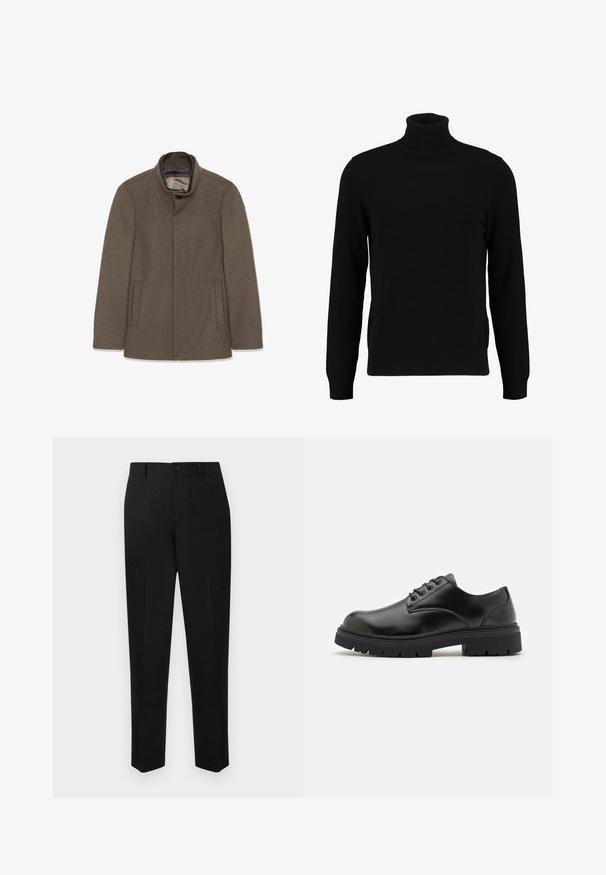 Brun uldfrakke med høj krave, to sidelommer og en glat inderside. Simpelt design uden synlige knapper eller mønstre.; Sort turtleneck sweater lavet af et blødt strikmateriale. Har lange ærmer, ribbet krave og kant. Enkel, slank design uden mønstre.; Sorte skræddersyede bukser med et straight-leg design, der har lukning med knap og subtil tekstur. Ingen synlige mønstre eller accenter.; Sorte lædersko med rund tå, snørelukning og en tykk, struktureret gummisål. Har syninger langs kanten og en glat overflade.
