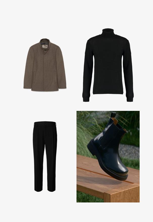Brun uldfrakke med høj krave, to sidelommer og en glat inderside. Simpelt design uden synlige knapper eller mønstre.; Sort turtleneck sweater i et glat strikket stof, med lange ærmer og en tætsiddende silhuet. Ribstrikkede manchetter og kant.; Sorte formelle bukser med bæltestropper, knap foran og lynlås, vist mod hvid baggrund.; Sorte læder chelsea støvle med glat finish, elastiske sidepaneler, rund tå og tyk gummisål, placeret ovenfor en træoverflade.