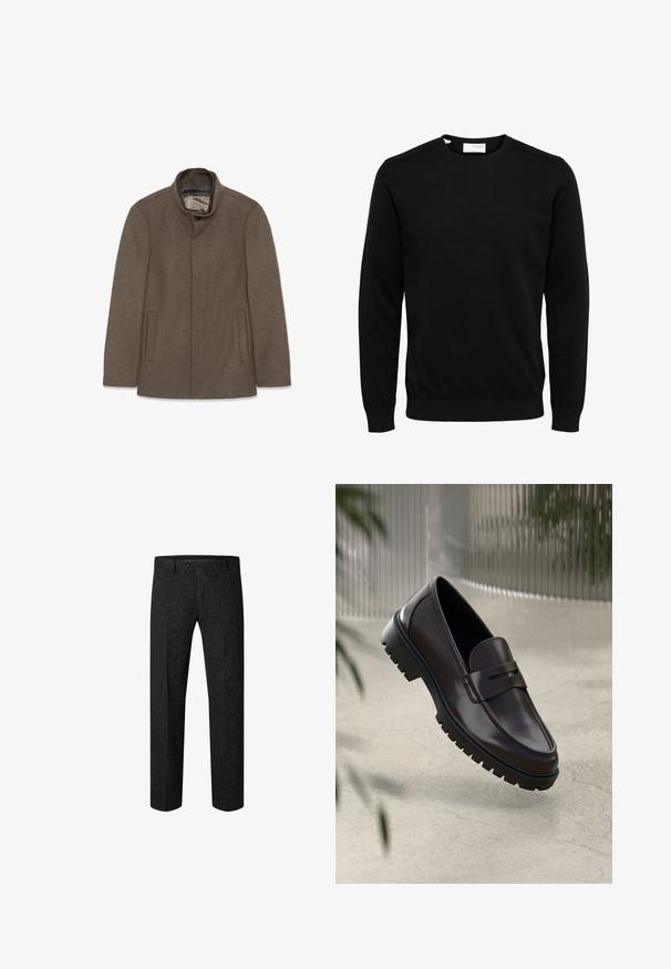Brun uldfrakke med høj krave, to sidelommer og en glat inderside. Simpelt design uden synlige knapper eller mønstre.; Sort langærmet rundhals sweater med ribbet manchetter og kant, vist mod en hvid baggrund.; Herre sorte, lige bukser med prikker, foran med knap og bæltestropper, vist mod en hvid baggrund.; Brune læder loafers med en tekstureret, rippet gummisål. Har et slankt design og et dekorativt bånd over vristen.