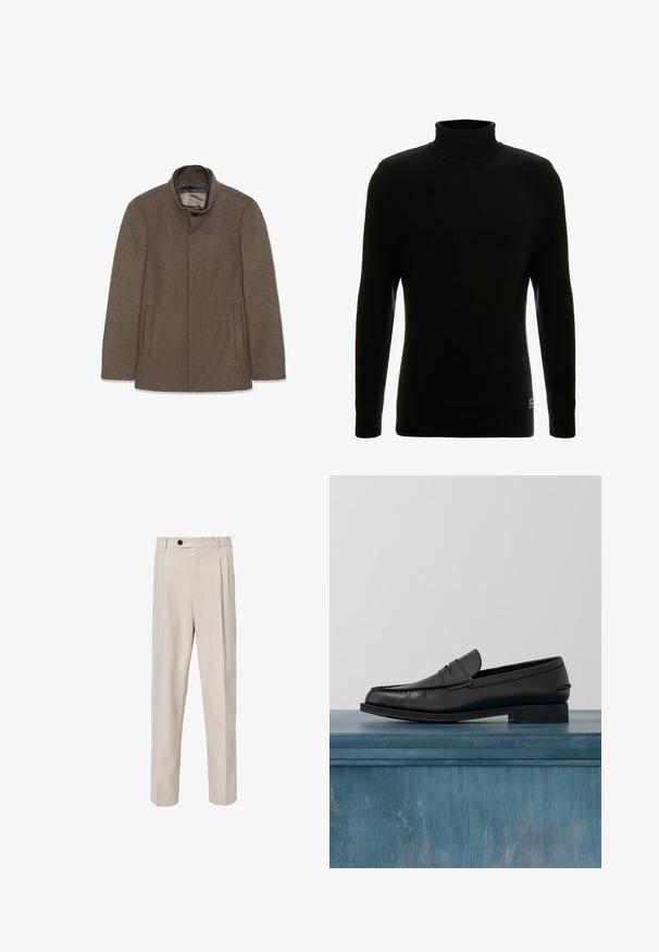 Brun uldfrakke med høj krave, to sidelommer og en glat inderside. Simpelt design uden synlige knapper eller mønstre.; Sort turtleneck sweater med lange ærmer, ribbet tekstur, tætsiddende silhuet og lille mærke nederst til venstre.; Beige skræddersyede bukser med lige ben-design, der har frontplisseringer, knaplukning og en glat tekstur.; Sorte læderloafers med et slankt design, der har syning ved tåen og en glat finish. Skoen har en lav hæl og minimal udsmykning.