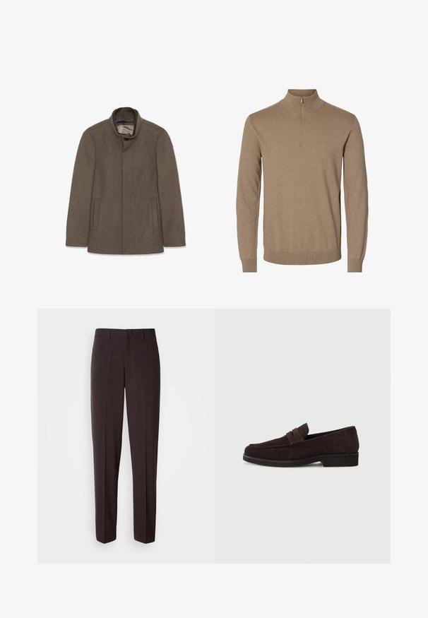 Brun uldfrakke med høj krave, to sidelommer og en glat inderside. Simpelt design uden synlige knapper eller mønstre.; Brun strikket pullover med lange ærmer, en høj hals og en kort lynlås foran, ribbestrikkede kanter ved ærmer og bund.; Sorte skræddersyede bukser med lige ben, der har en glat tekstur og en linning med en enkelt knaplukning.; Brune ruskinds loafers med lav profil og rund tå. Har en dekorativ rem over det øverste, flad gummisål og ingen synlig syning.