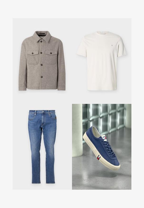 Grå uldblandet jakke med spids krave, to brystlommer, frontlukning med knap og lange ærmer. Tekstureret overflade og klassisk design.; Ren hvid T-shirt med korte ærmer, rund hals og lille CK-logo på venstre bryst.; Blå denimjeans med et klassisk straight-leg design, fem-lomme stil og orange syninger. Stoffet er tekstureret og holdbart.; Marineblå lærreds-sneaker med hvid sål og snørebånd, mærket med Tommy Hilfiger-logo på tungen og siden, svævende over et poleret gulv.