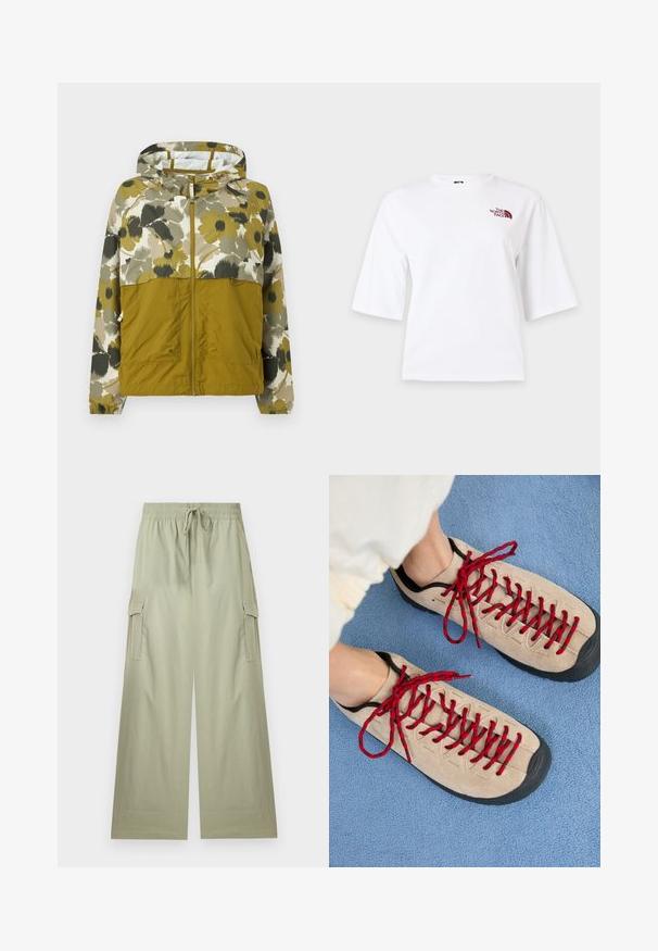 Veste à capuche avec fermeture éclair frontale, moitié inférieure vert olive, moitié supérieure et manches à imprimé floral dans des tons verts doux, beige et noir.; T-shirt blanc à manches courtes, col rond, avec un petit logo "The North Face" bordeaux sur la partie supérieure gauche de la poitrine.; Pantalon cargo vert clair à jambes larges avec taille élastique et cordon de serrage, doté de poches latérales à rabat et d'une coupe décontractée.; Des chaussures beiges avec des lacets rouges, posées sur une surface bleue texturée, révèlent partiellement la cheville d'une personne. Les chaussures ont un design sportif.
