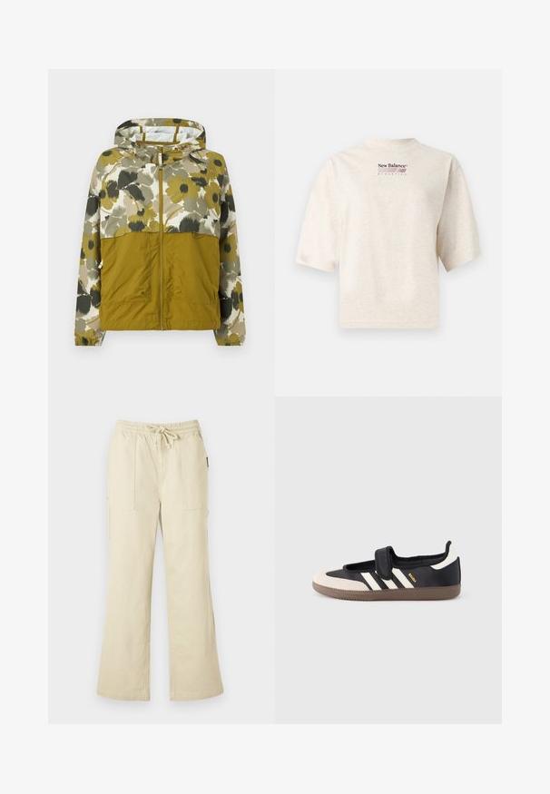 Veste à capuche avec fermeture éclair frontale, moitié inférieure vert olive, moitié supérieure et manches à imprimé floral dans des tons verts doux, beige et noir.; T-shirt beige New Balance Athletics à manches courtes avec logo et texte bordeaux centrés sur la poitrine, fond uni.; Pantalon beige à jambes larges avec taille élastique et cordon de serrage, doté de deux poches plaquées avant et de jambes à coupe droite.; Baskets noires et beiges avec une bride en velcro, trois bandes blanches sur le côté, et une semelle en caoutchouc marron texturée. Logo de la marque visible.
