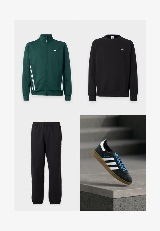 Grüne Zip-Jacke mit hohem Kragen, weißen Seitenstreifen und Logo auf der Brust. Glattes Material mit leichtem, sportlichem Design.; Schwarzer Crewneck-Sweatshirt mit langen Ärmeln und kleinem weißen Adidas-Trefoil-Logo auf der linken Brust.; Schwarze Sweatpants mit elastischem Bund, elastischen Bündchen, geradem Schnitt und kleinem weißen Logo am linken Oberschenkel.; Schwarzer Adidas-Sneaker mit weißen Streifen, blauen Schnürsenkeln und Gummisohle, der über einer grauen Betontreppe im weichen Licht schwebt.