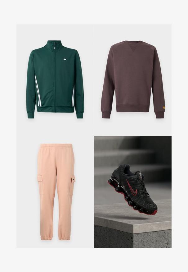 Grøn zip-up træningjakke med høj krave, hvide sideløjfer og logo på brystet. Glat stof med letvægts, sporty design.; Brun sweatshirt med tekstureret stof, ribbet rund hals og manchetter. Har en lille gul logo på venstre ærme.; Lyserøde bomuldsjoggers med elastisk talje, ribbede manchetter, to sidelommer og et lille logo-patch på en af lommerne.; Sort og rød Nike atletiksko med synlig fjederlignende sål balancerende på kanten af et betontrin.