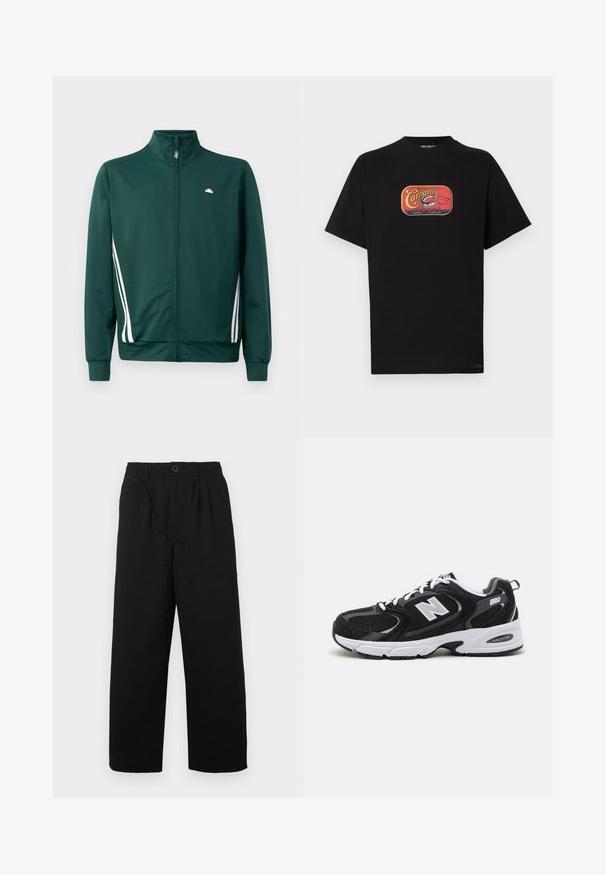Grøn zip-up træningjakke med høj krave, hvide sideløjfer og logo på brystet. Glat stof med letvægts, sporty design.; Sort bomulds t-shirt med et rødt og gult grafisk tryk med fisketema på fronten. Korte ærmer og rund hals.; Sorte, vide bukser med elastisk liv og knaplukning. Lavet af blødt stof, med subtil tekstur og uden mønstre.; Sorte og grå sportssko med mesh og ruskind på overdelen, der har en hvid mellemsål, snørebånd og et iøjnefaldende "N" logo på siden.