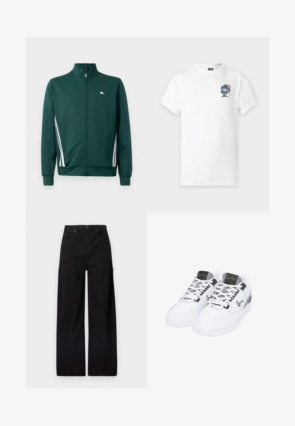 Chaqueta de chándal verde con cremallera y cuello alto, rayas laterales blancas y logo en el pecho. Tejido suave con diseño ligero y deportivo.; Camiseta blanca de manga corta con un pequeño gráfico de un senderista sosteniendo un cartel con el logo azul de The North Face en el lado izquierdo del pecho.; Pantalones anchos de pierna negra hechos de mezclilla de algodón, con cintura alta, dos bolsillos delanteros y un bolsillo lateral tipo cargo para mayor funcionalidad.; Zapatillas deportivas blancas con un upper de cuero liso, acentos grises en la lengüeta y el talón, y detalle del logo negro en el costado.