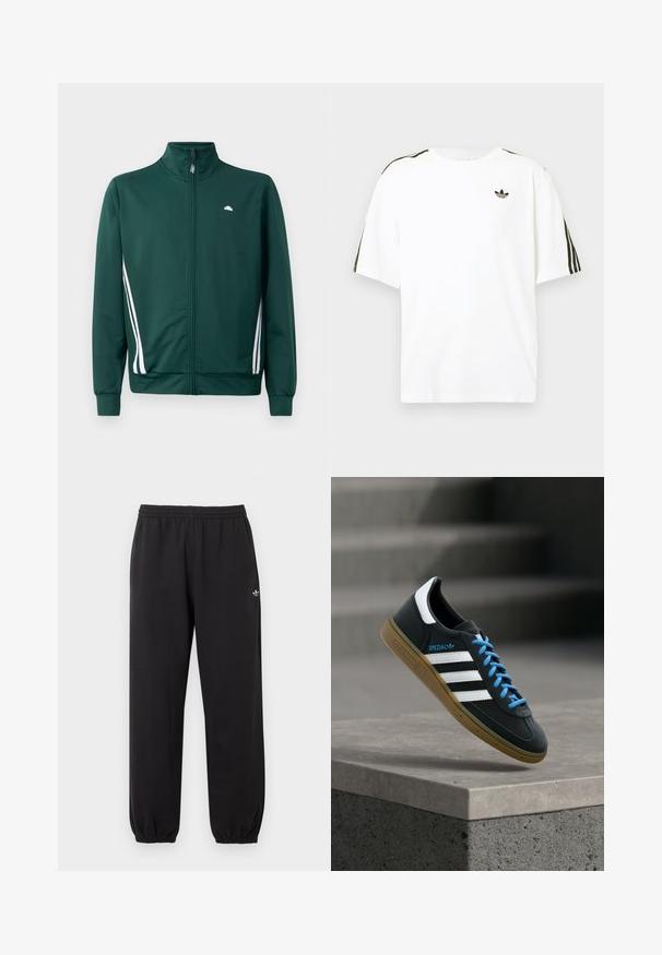 Chaqueta de chándal verde con cremallera y cuello alto, rayas laterales blancas y logo en el pecho. Tejido suave con diseño ligero y deportivo.; Camiseta de algodón blanca con mangas cortas, presenta acentos en negro con tres rayas en los hombros y un pequeño logo negro en el pecho.; Pantalones deportivos negros de Adidas con cintura y puños elásticos, que presentan un pequeño logo blanco de trébol de Adidas en la parte superior de la pierna izquierda.; Zapatilla negra Adidas con franjas blancas, cordones azules y suela de goma flotando sobre un escalón de hormigón gris con luz suave.