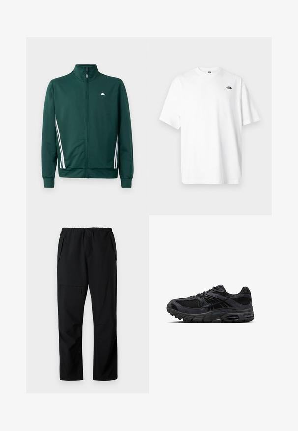 Groene zip-up trainingsjack met hoge kraag, witte zijstrepen en logo op de borst. Glad materiaal met een lichte, sportieve uitstraling.; Wit katoenen T-shirt met korte mouwen, V-halsontwerp, met een klein zwart logo aan de linker bovenzijde. Zachte textuur, comfortabele pasvorm.; Zwarte casual broek met elastische tailleband, twee zijzakken en een ritszak op de dij, plat weergegeven op een witte achtergrond.; Zwarte en donkergrijze Nike hardloopschoen met meshstof, suède overlays, een gedempte zool en zichtbare luchtunits in de hiel en voorvoet.