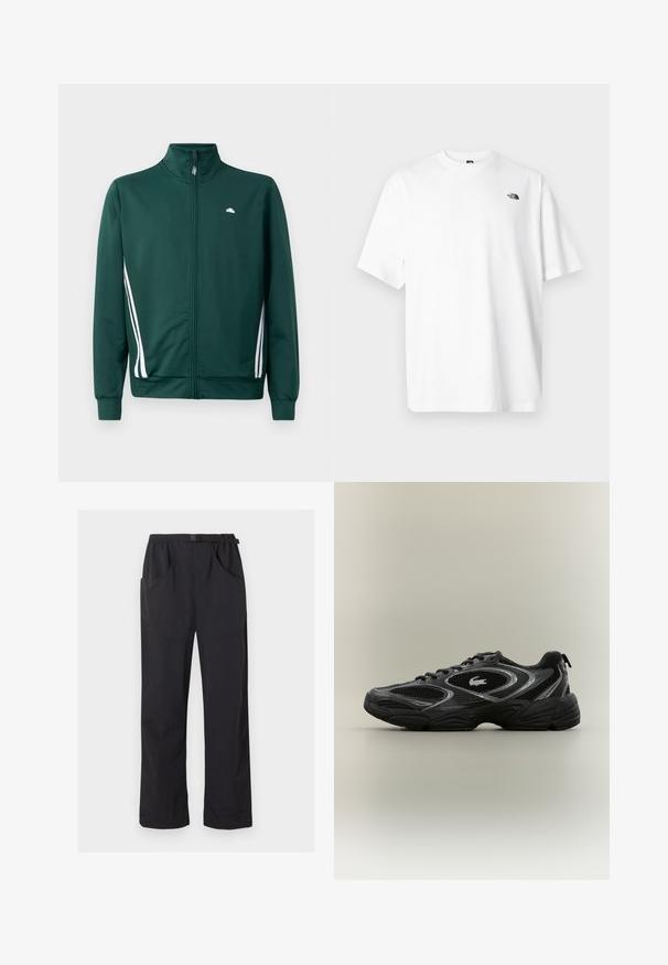 Groene zip-up trainingsjack met hoge kraag, witte zijstrepen en logo op de borst. Glad materiaal met een lichte, sportieve uitstraling.; Wit katoenen T-shirt met korte mouwen, V-halsontwerp, met een klein zwart logo aan de linker bovenzijde. Zachte textuur, comfortabele pasvorm.; Zwarte broek met rechte pijpen, elastische tailleband en verstelbare gesp riem, voorzien van voor- en zijzakken.; Zwarte en grijze sport sneaker met meshpanelen, vetersluiting, dikke zool en een klein krokodillologo aan de zijkant.