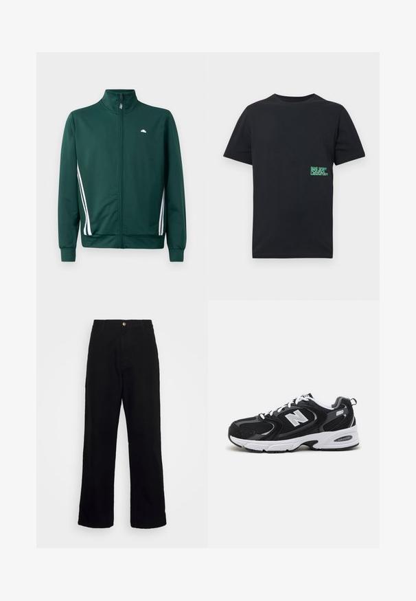 Grüne Zip-Jacke mit hohem Kragen, weißen Seitenstreifen und Logo auf der Brust. Glattes Material mit leichtem, sportlichem Design.; Schwarzes T-Shirt mit kurzen Ärmeln und Rundhalsausschnitt, mit kleinem grünem und weißem "Nike Sport Research Laboratory"-Schriftzug auf der linken Seite nahe der Taille.; Schwarze Hosen aus schwerem Stoff mit geradem Beinschnitt, Fronttaschen, Reißverschluss und einem einzelnen metallischen Knopfverschluss.; Schwarze und graue Sportschuhe mit Obermaterial aus Mesh und Wildleder, ausgestattet mit einer weißen Zwischensohle, Schnürsenkeln und einem markanten "N"-Logo an der Seite.